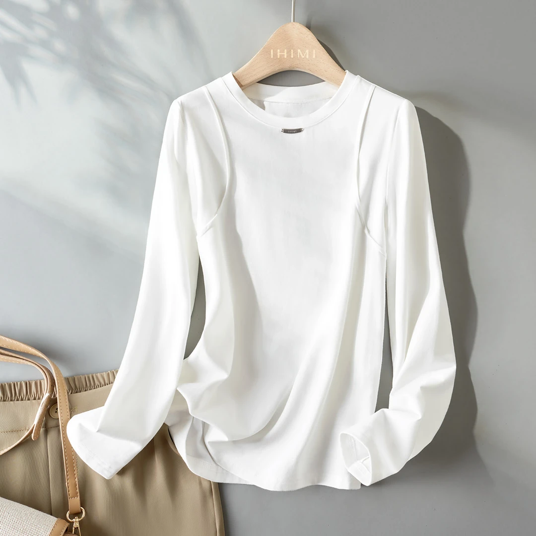 IHIMI/海谧【万能T】2025秋新款女简约纯色休闲圆领柔软百搭打底T恤
