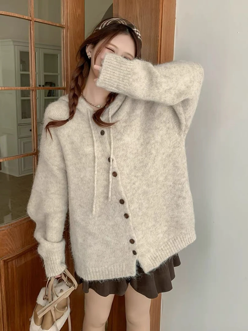 宽松慵懒风纯色连帽毛衣外套女秋冬新款洋气网红百搭针织开衫