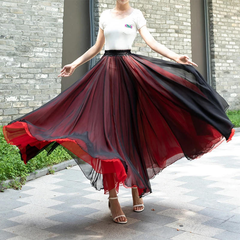 720度大摆双层天丝两面穿金晨仆卦舞蹈裙演出裙古典舞红色裙