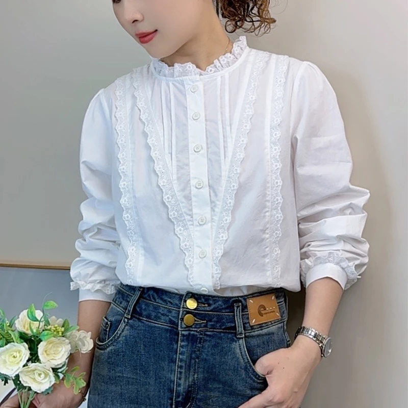 芳-CS1108蕾丝气质长袖白色时尚百搭打底女士显瘦设计感女士衬衫