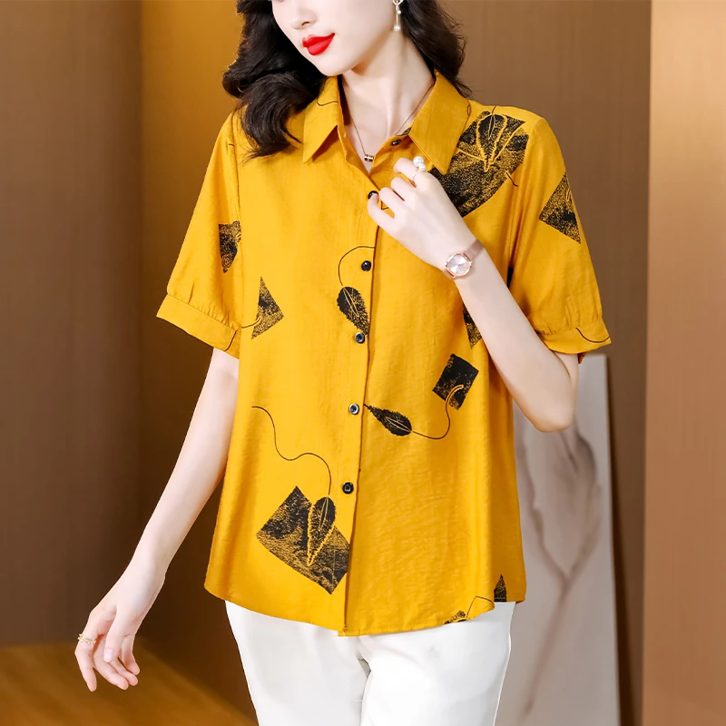 中年妈妈夏装短袖T恤上衣2025新款中年女装休闲洋气棉麻大码衬衫