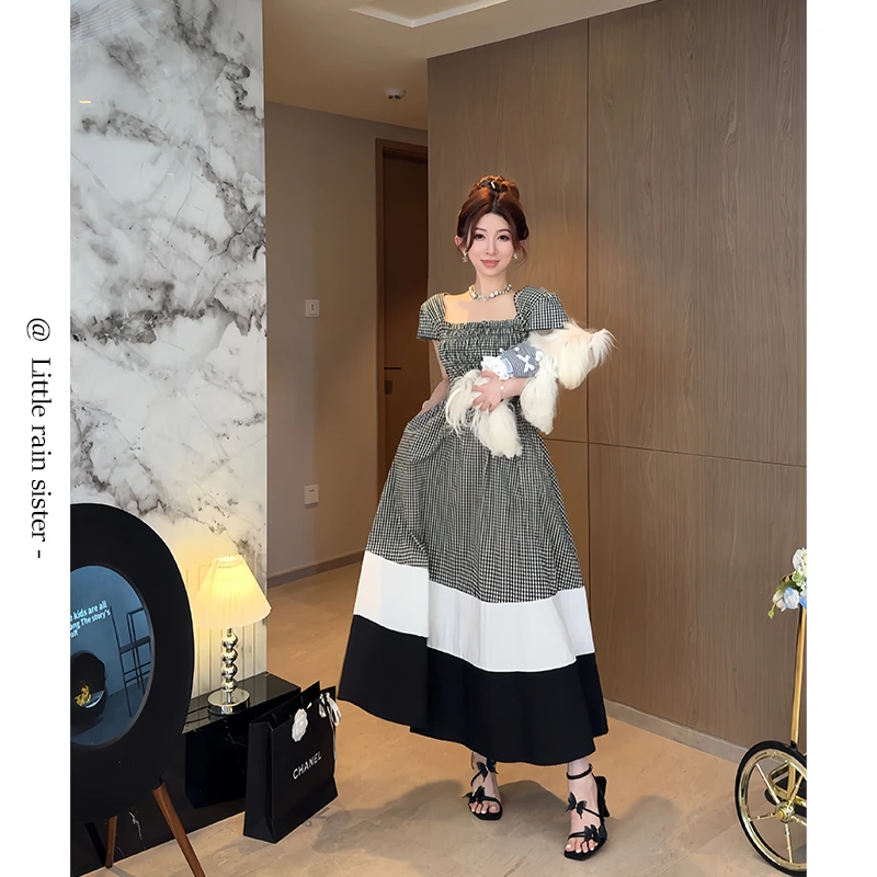 小雨姐姐新款夏【芬妮格子裙】法式复古设计感方领拼色a字大摆收腰