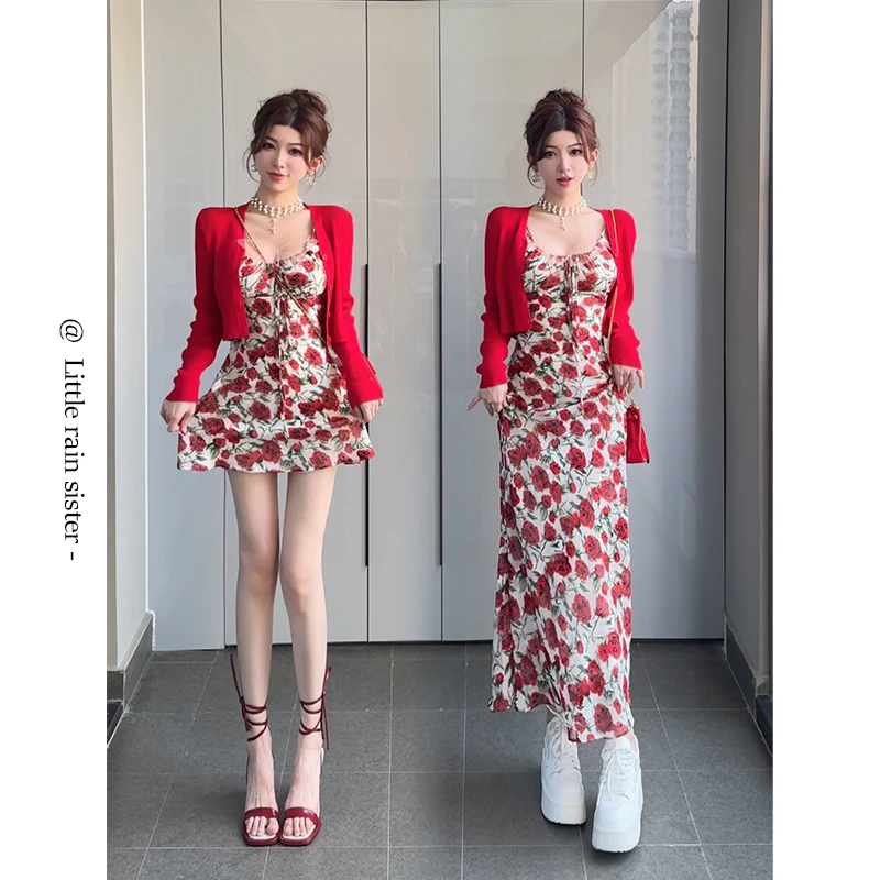 小雨姐姐【热区玫瑰裙】复古玫瑰收腰吊带连衣裙度假风印花连衣裙