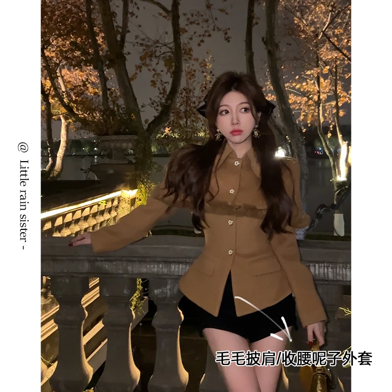 小雨姐姐【黛西套装】毛毛拼接短款披肩+圆领收腰修身呢外套两件