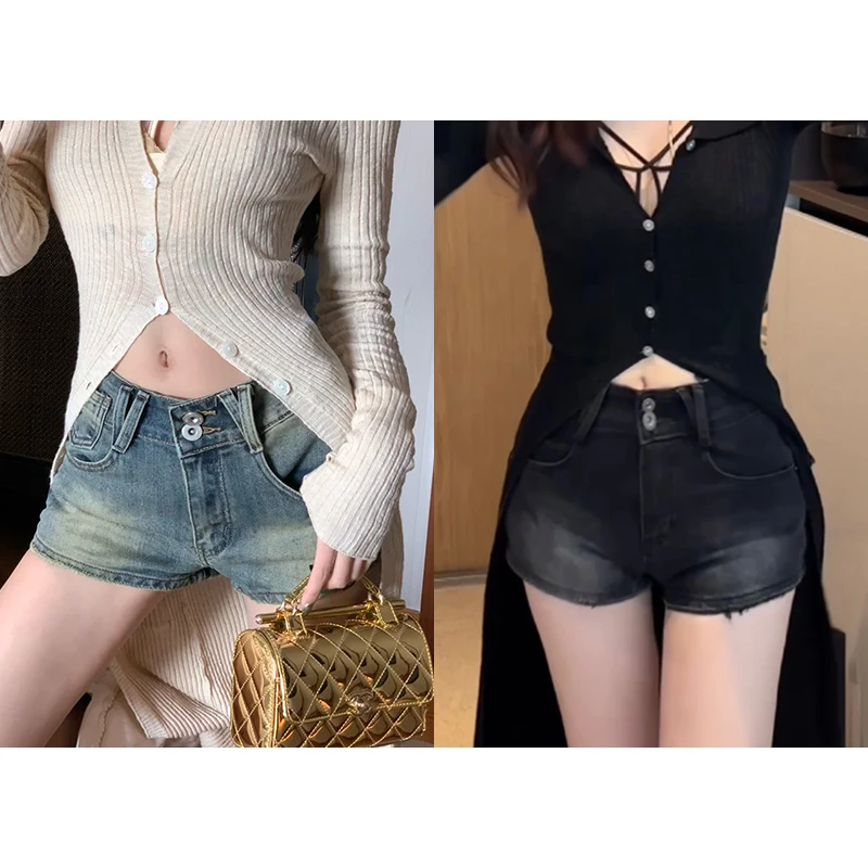 小雨姐姐【腿精预告】复古做旧高腰a字显瘦款磨毛牛仔短裤女