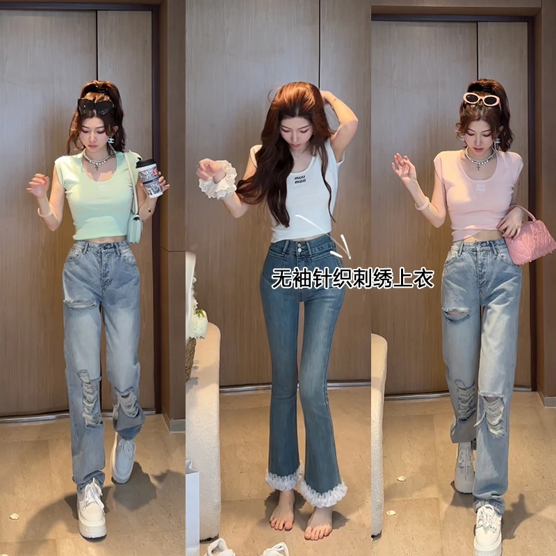 小雨姐姐【软幼嗲精】纯欲性感无袖修身刺绣字母短袖上衣女2024新