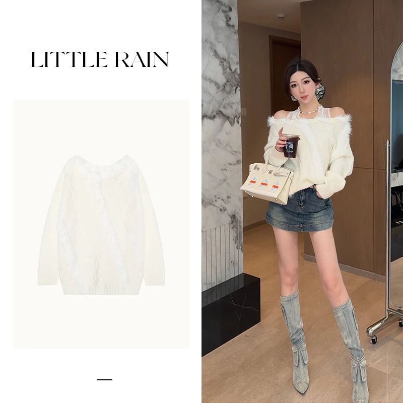 小雨姐姐新款【云绒雪盖】设计感一字肩拼接斜毛条针织毛衣秋款