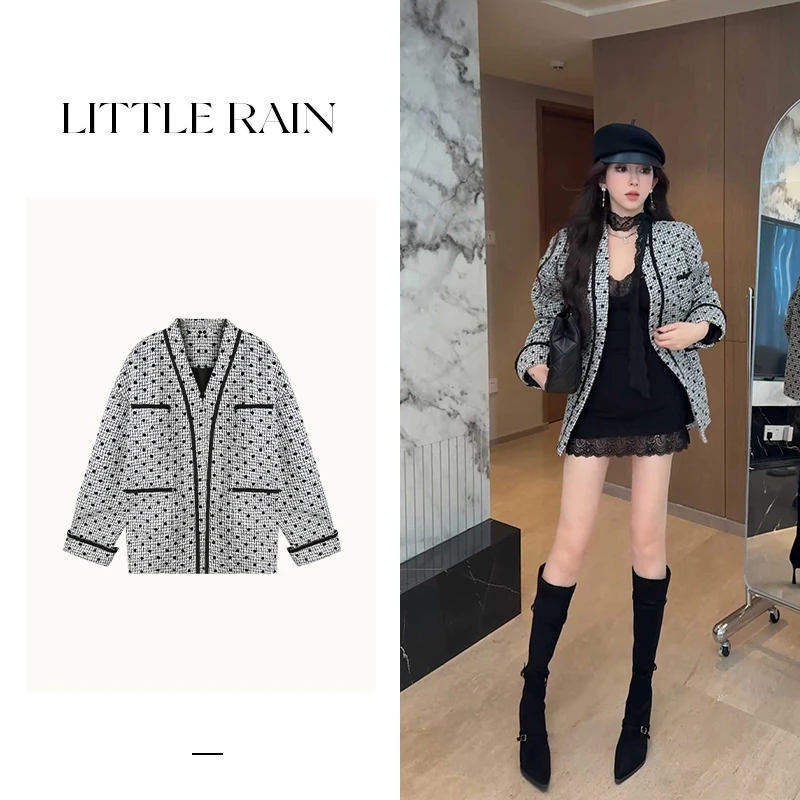 小雨姐姐新款【波卡香颂】复古高级感V领宽松编织波点外套女秋款