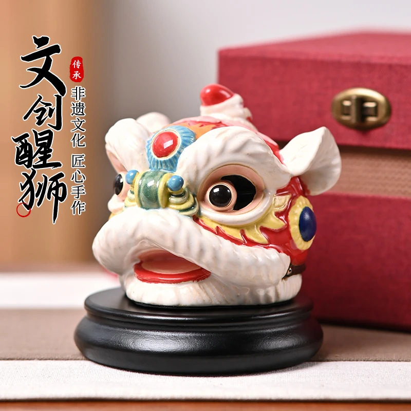 小醒狮摆件舞狮头陶瓷器工艺品新中式客厅桌面创意摆设家居装饰品
