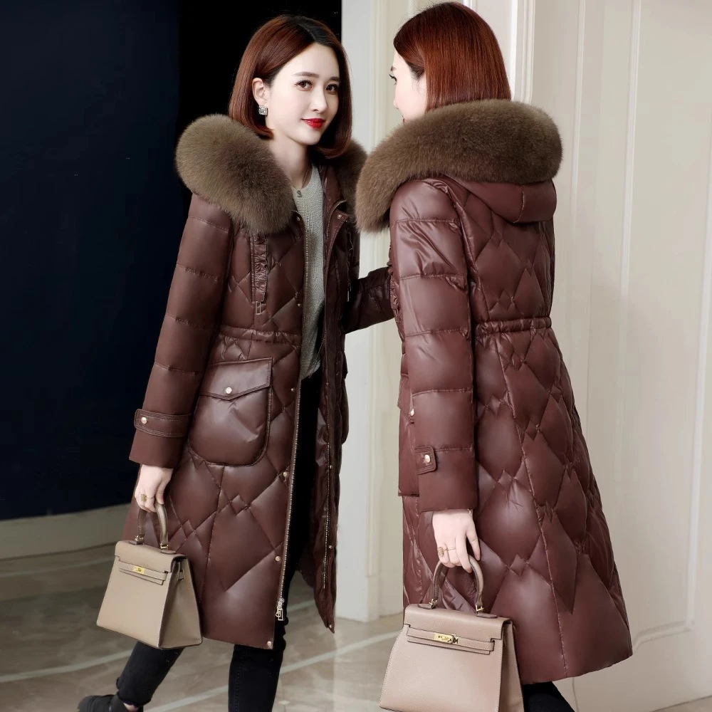 2024冬爆款收腰显瘦白鸭绒加厚亮面连帽高端外套羽绒服女中长款