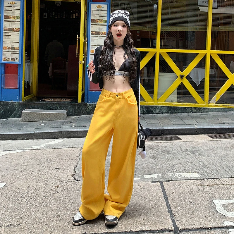 黄色阔腿牛仔裤女随心自由毛边街头高腰宽松显瘦垂感直筒拖地裤子