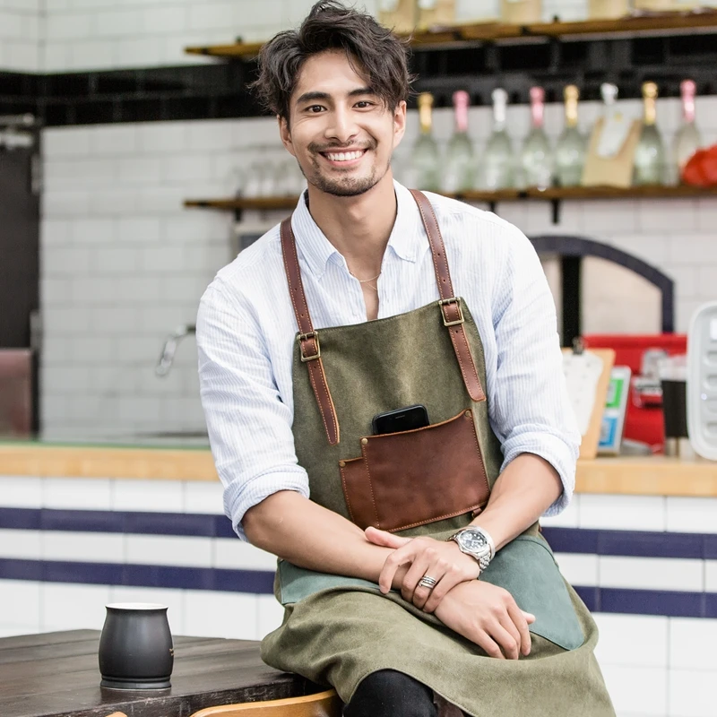 手工艺者装备复古做旧水洗帆布配牛皮画室理发师咖啡厅工作围裙潮