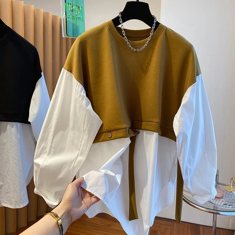 设计感小众宽松撞色t恤卫衣拼接假两件长袖衬衫今年流行上衣女秋