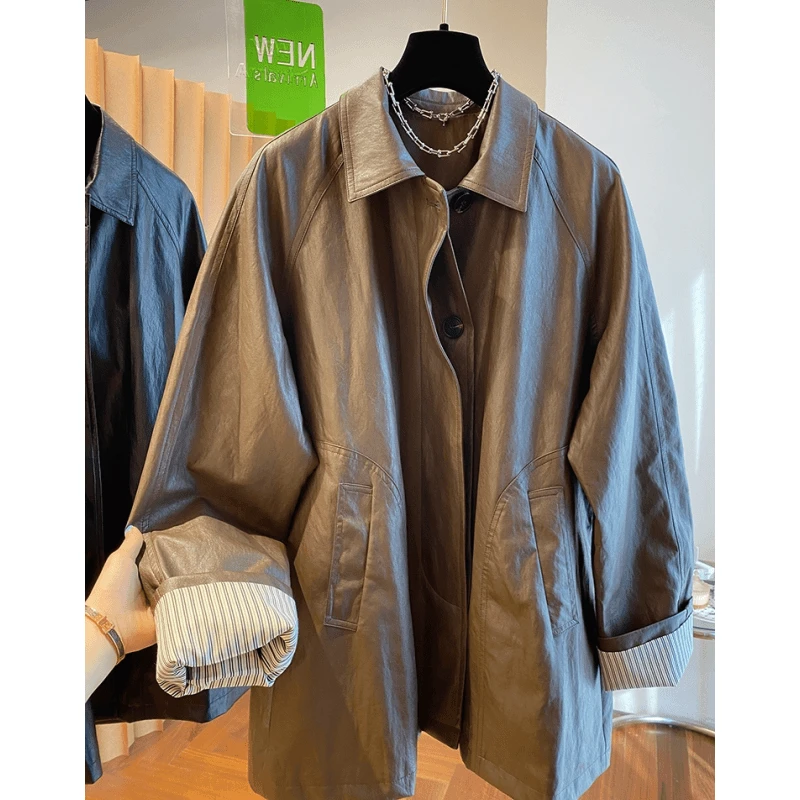 美拉德咖色中长款皮衣外套女春秋2024新款欧货高级感宽松弛感风衣