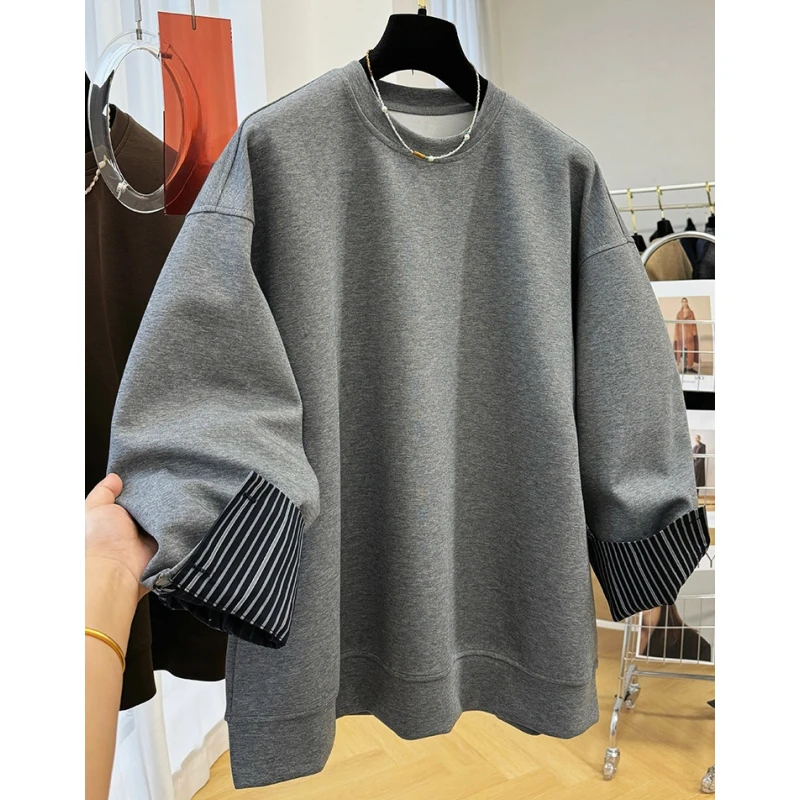 加绒加厚独特别致衬衫拼接假两件上衣女秋冬慵懒风松弛感圆领卫衣