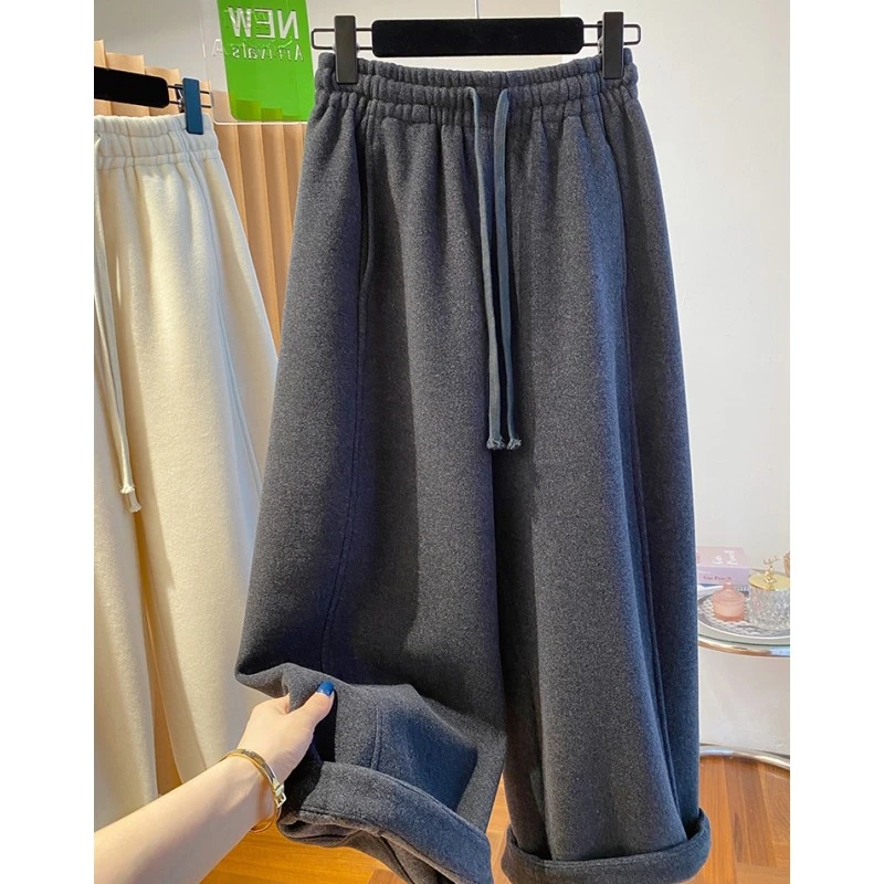 韩系简约百搭软糯毛呢休闲裤女秋冬2024新款加绒加厚直筒九分裤子