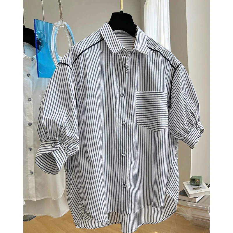 设计感小众别致高端竖条纹短袖衬衫女夏季时尚洋气韩系上衣chic