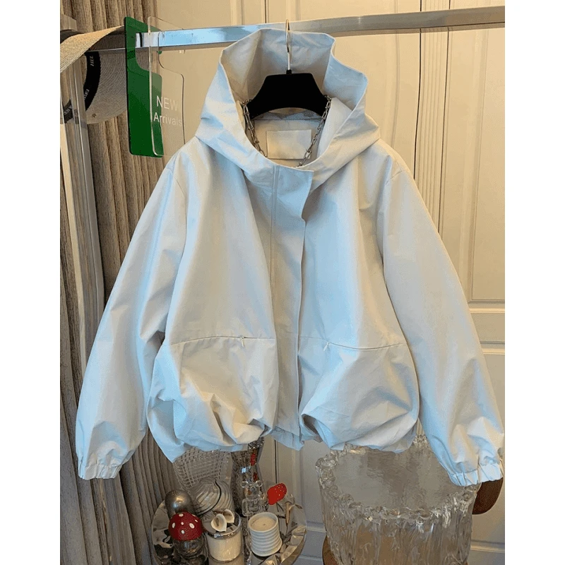 独特洋气休闲廓形连帽风衣花苞短外套2024秋装宽松冲锋衣夹克上衣