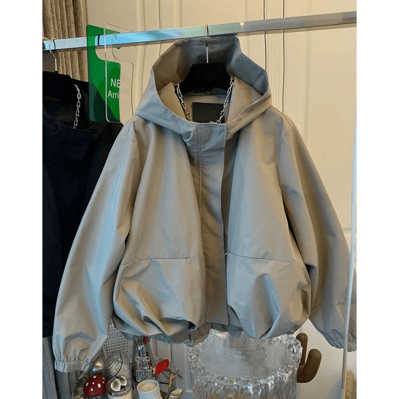 2024新款独特洋气休闲廓形连帽风衣花苞短外套宽松冲锋衣夹克上衣