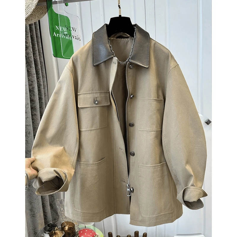 英伦风PU翻领多口袋风衣女外套中长款宽松休闲百搭洋气2024春秋款