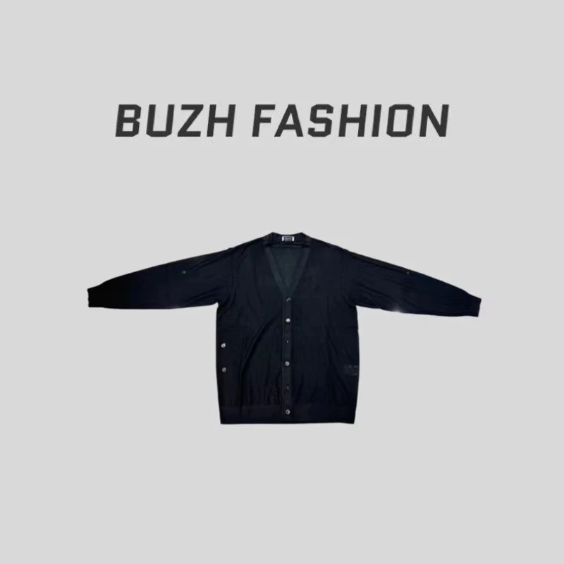 BUZH秋季新款简约质感时尚休闲百搭黑色针织毛衣开衫