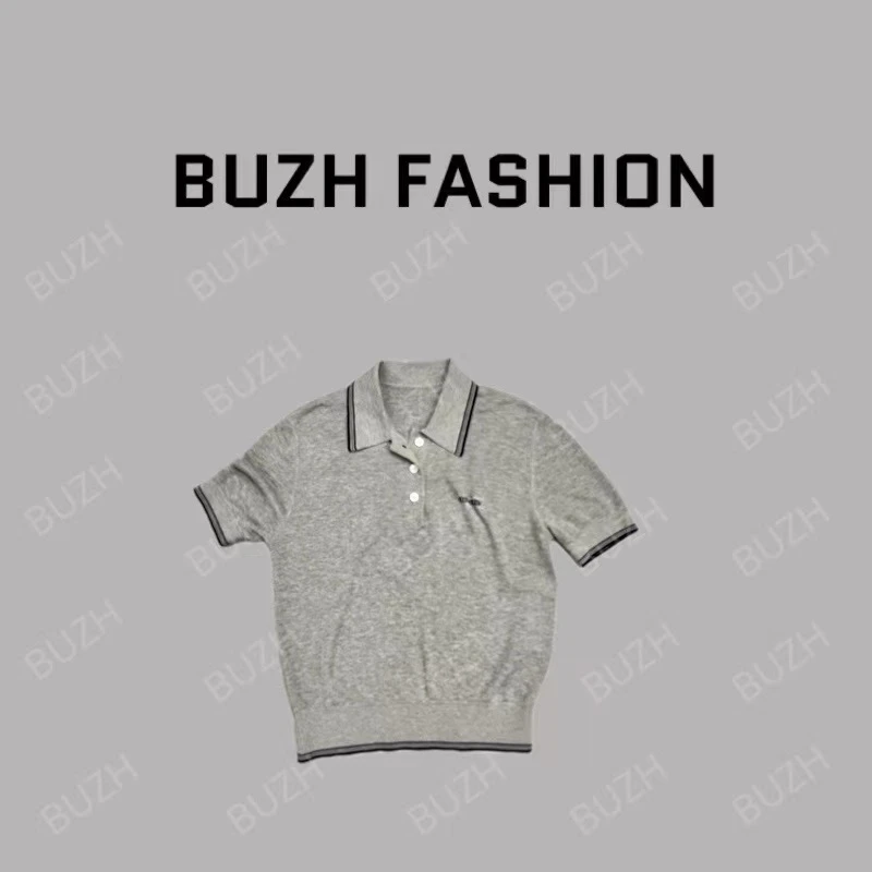 BUZH夏季新款时尚百搭Polo领高级灰针织半袖短袖