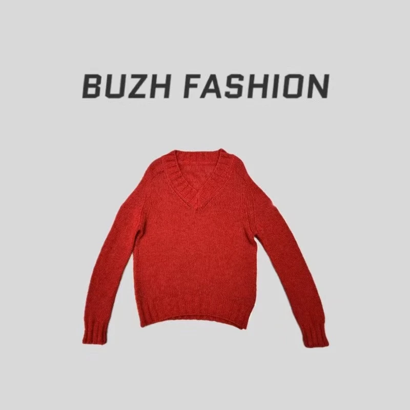 BUZH秋季新款宽松慵懒风高级感独特复古番茄红软糯舒适V领毛衣