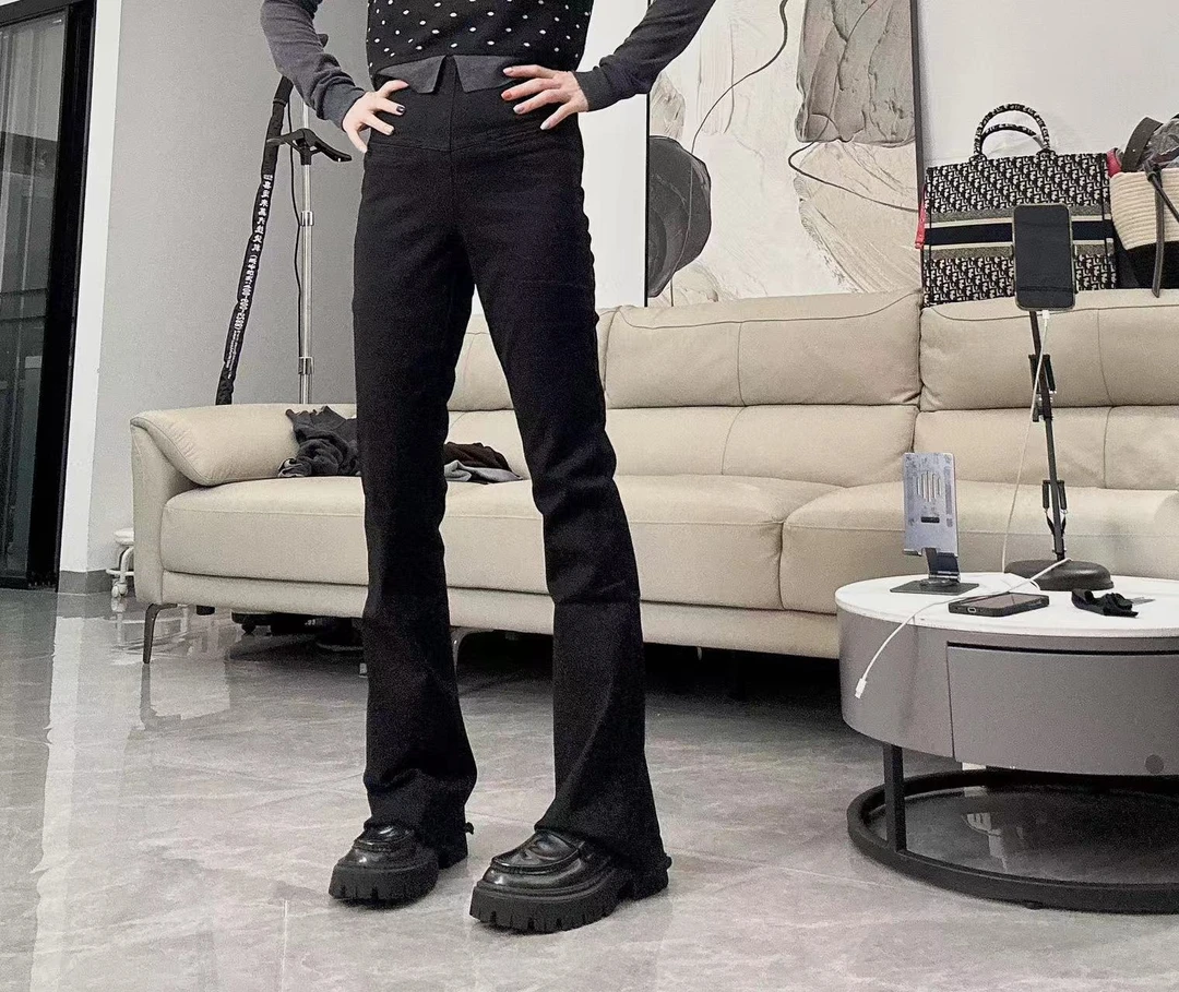 BUZH秋冬新款休闲弹力舒适直筒微喇加薄绒裸边休闲裤长裤