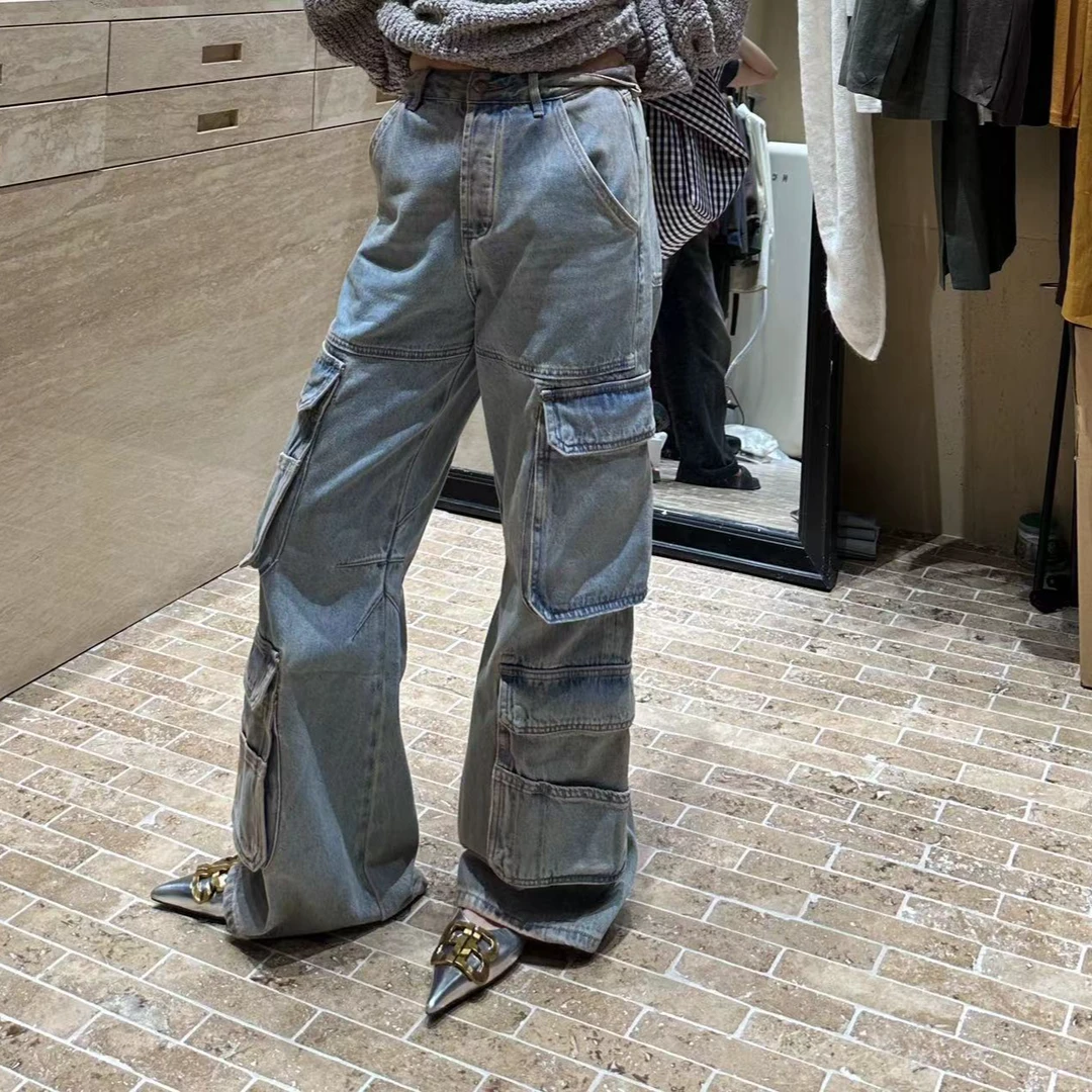 BUZH早秋新款美式返潮复古高街解构多口袋水洗做旧直筒牛仔裤