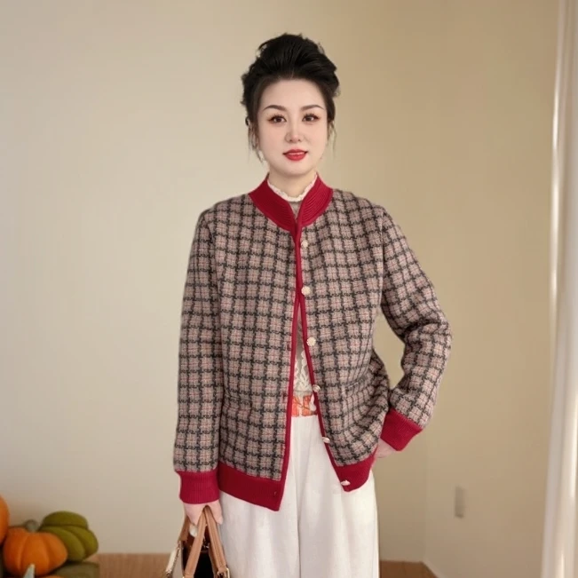 冬季新款时尚休闲复古气质百搭加绒加厚保暖经典格纹设计开衫外套