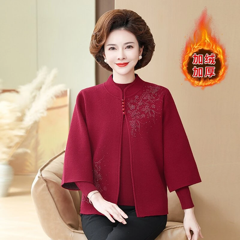 冬季新款中老年洋气优雅加绒加厚保暖两件套气质绣花60外套妈妈装