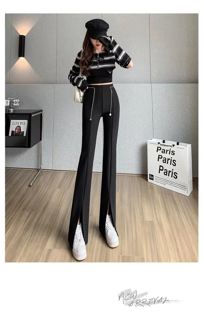 (扮靓服装)高腰微喇叭修身百搭开叉时尚长裤显瘦微喇阔腿裤