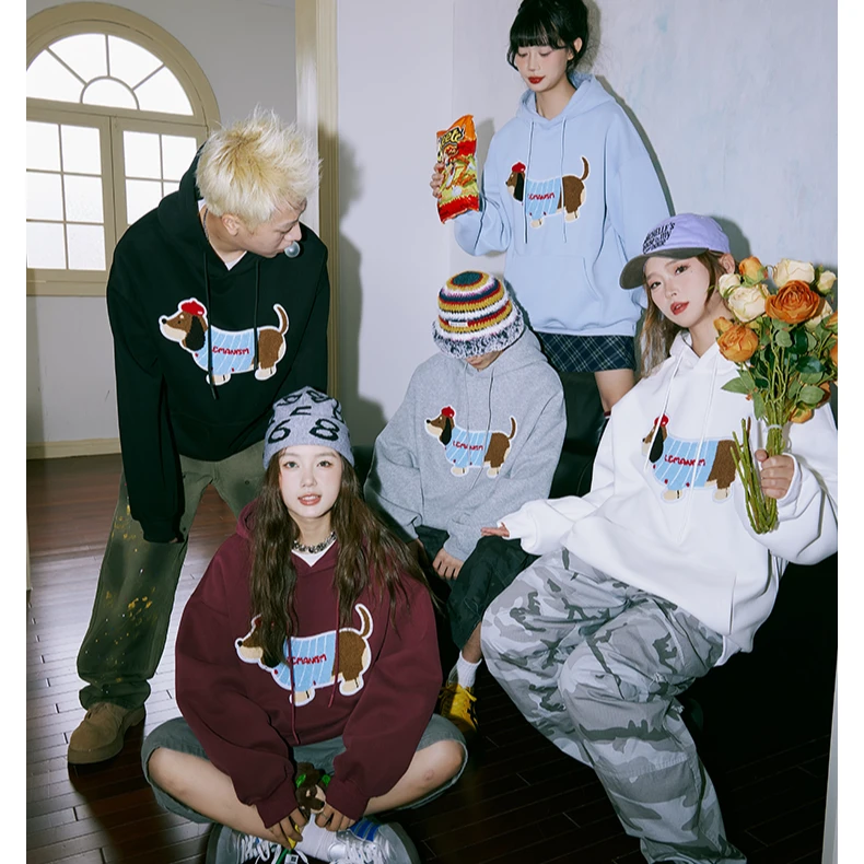 【明星同款】lemanism潮牌美式400g重磅毛巾绣腊肠狗宽松连帽卫衣