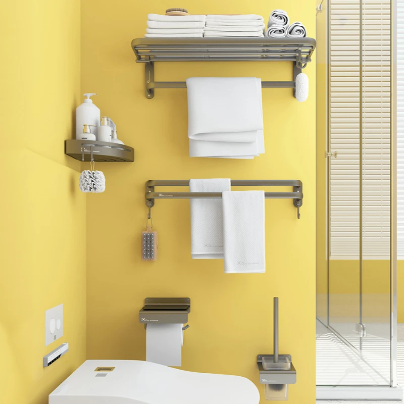 枪灰太空铝毛巾架免打孔卫生间浴室置物架折叠浴巾架五金挂件套装