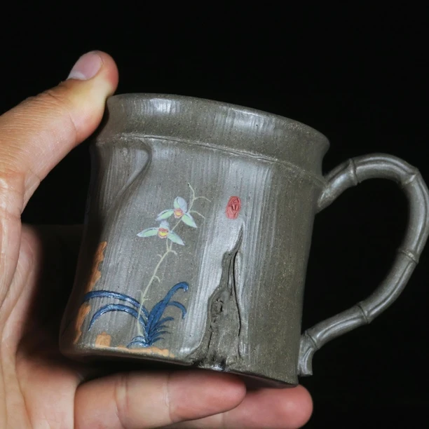宜兴紫砂主人杯纯手工品茗杯手绘竹节杯把杯,容量180-200cc