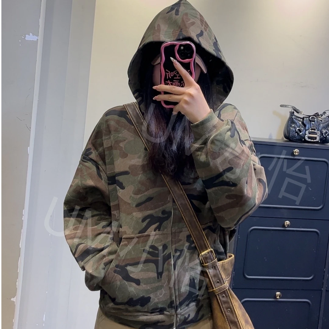 鑫怡定制【迷彩卫衣】美式复古女秋宽松休闲卫衣外套