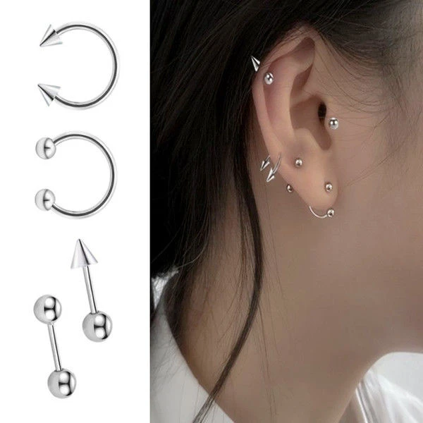 钛钢耳饰 男女耳钉穿刺耳钉U型马蹄耳骨钉尖刺圆球耳骨钉嘻哈时