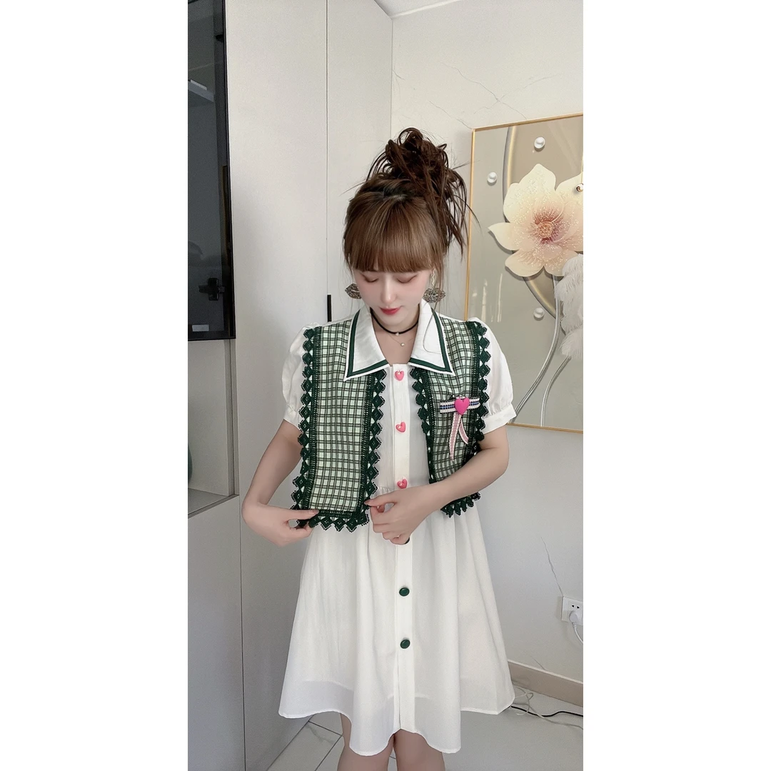 新款氧气森林泡泡袖时尚拼接扣气质小众淑女小个子名媛女装连衣裙