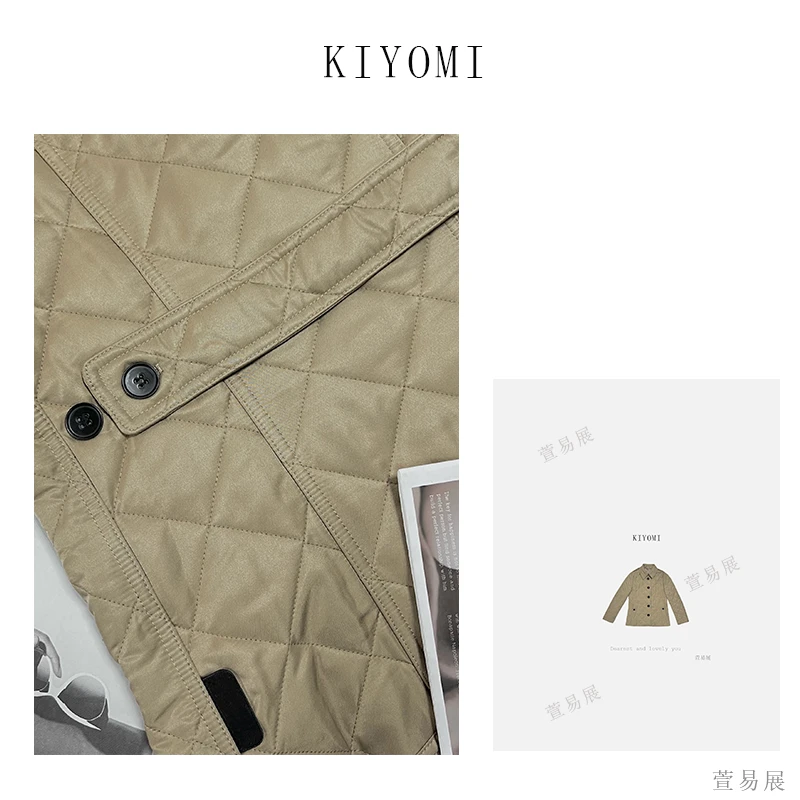 萱易展KIYOMI【】秋冬经典英伦风翻领修身菱格收腰棉服外套