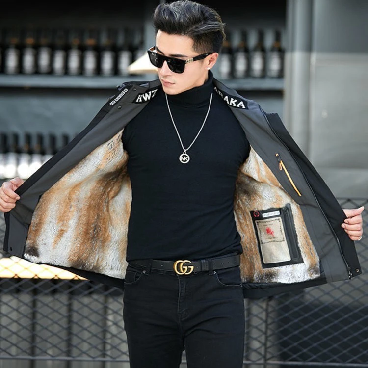 男款派克服黄金色兔毛内胆加兔毛袖