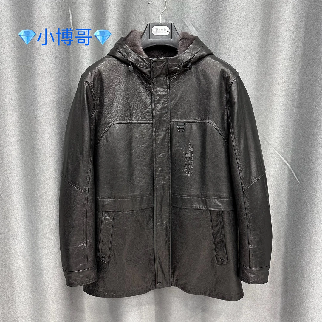 男士真皮油蜡牛皮连帽皮貂一体中长款进口水貂
