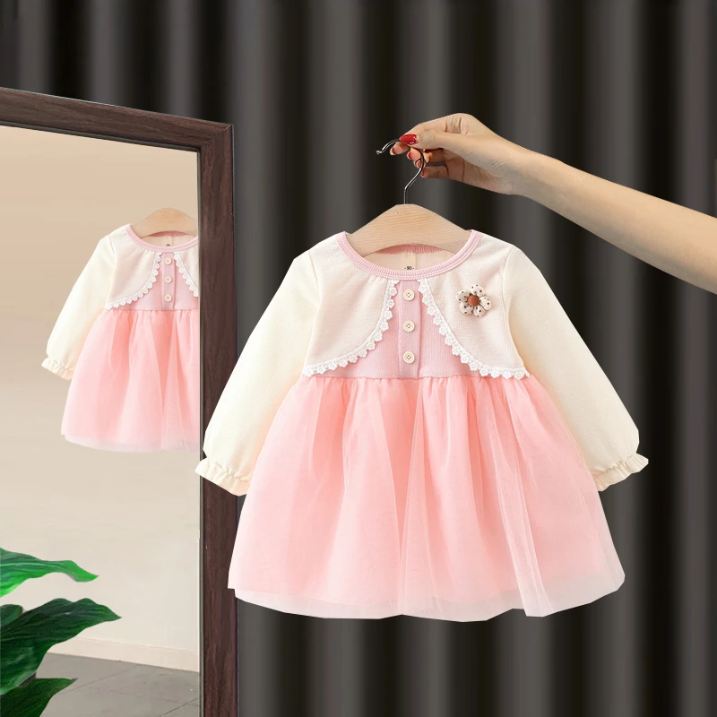 女童秋装长袖连衣裙2024新款假两件裙子婴儿小宝宝公主洋气纱裙潮