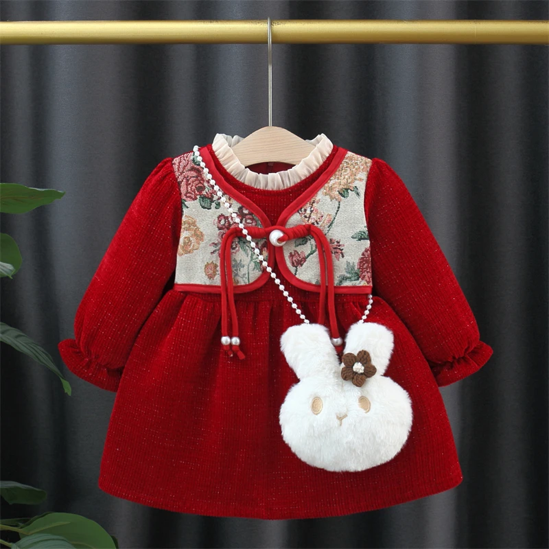 婴儿冬装加绒连衣裙女童红色生日周岁礼服裙国风秋冬季厚款公主裙