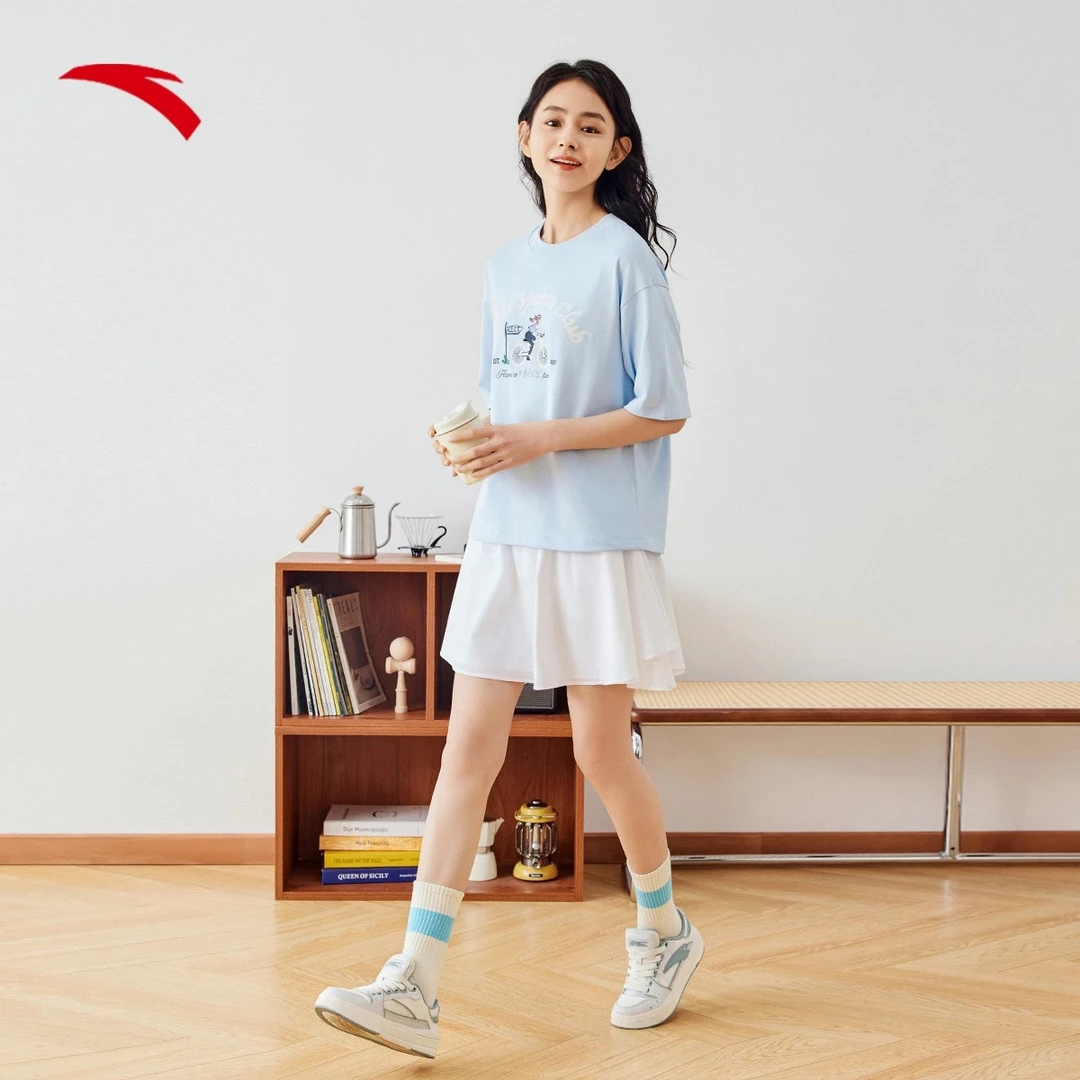 安踏圆领短袖2024夏季新款潮流百搭t恤女印花运动休闲透气套头衫