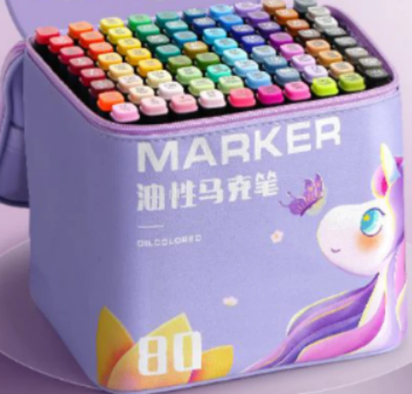 【直播专享】快力文皮面卡通四角黑杆马克笔学生色-80色-油性-紫袋