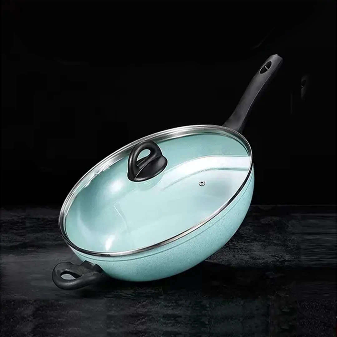 32cm青玉陶瓷釉炒锅带盖家用高品质耐磨烹饪炒锅不挑灶具微瑕