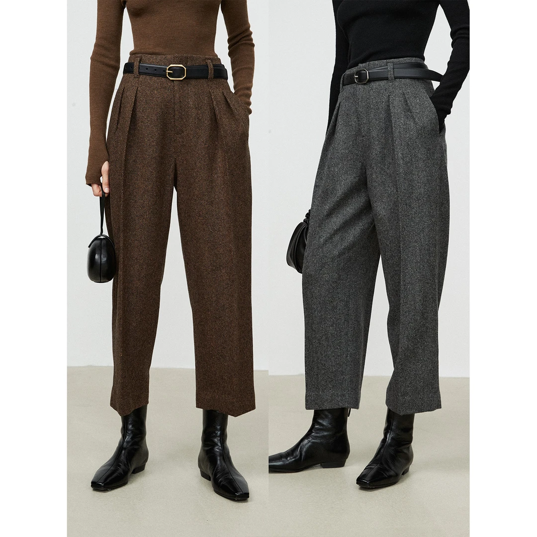 MRS Studios秋冬搭配 高腰显瘦打褶休闲LF风羊毛芝麻点九分西裤