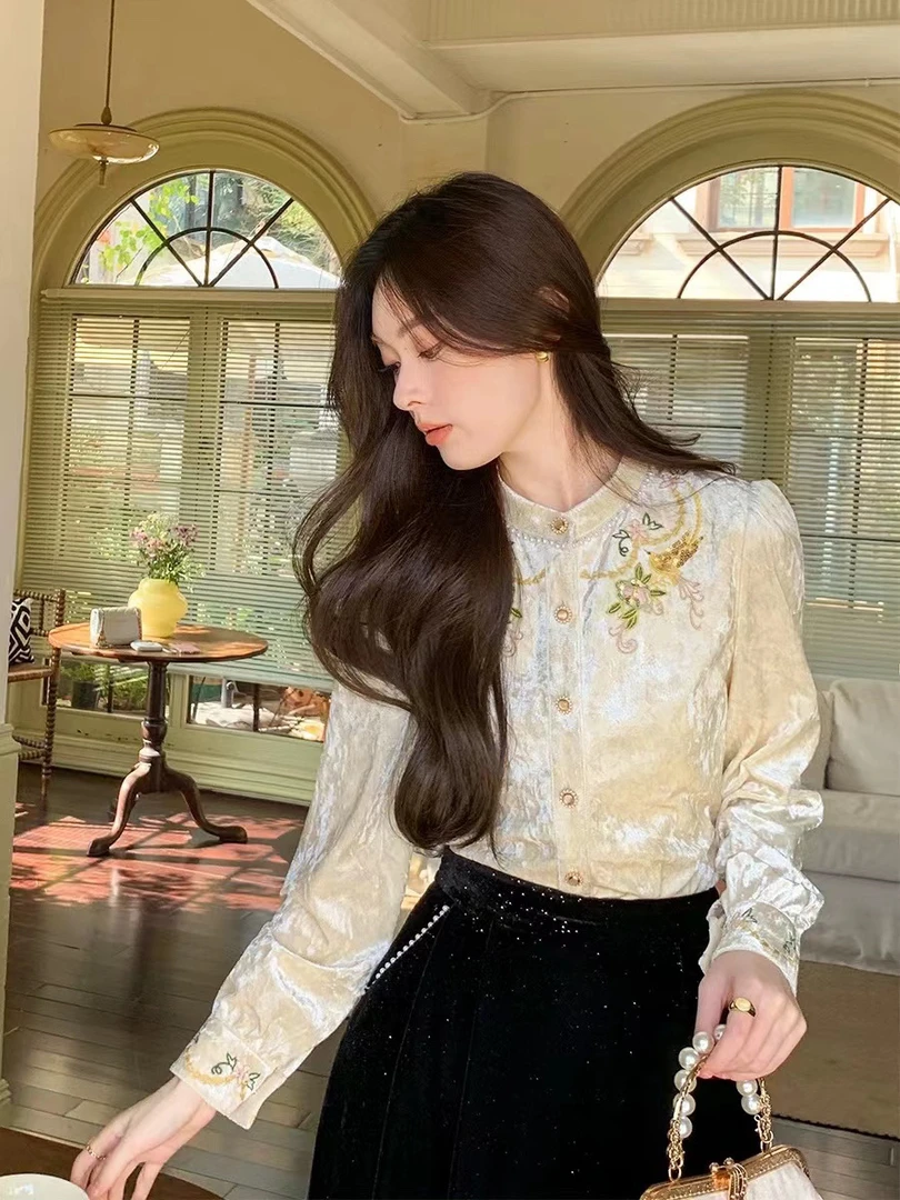 509法式立领荷叶边盘扣衬衫设计感小众重工国风上衣