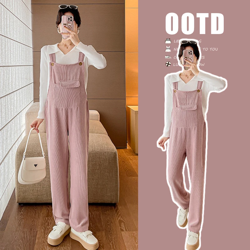 2025秋季新款孕妇休闲外穿翻领宽松打底衫+时尚背带裤套装