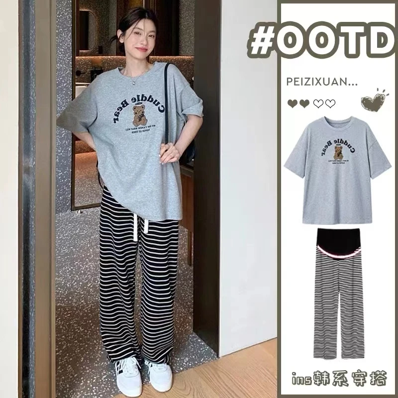孕妇夏季2024新款上衣休闲外穿薄款T恤宽松显瘦潮妈百搭条纹裤女